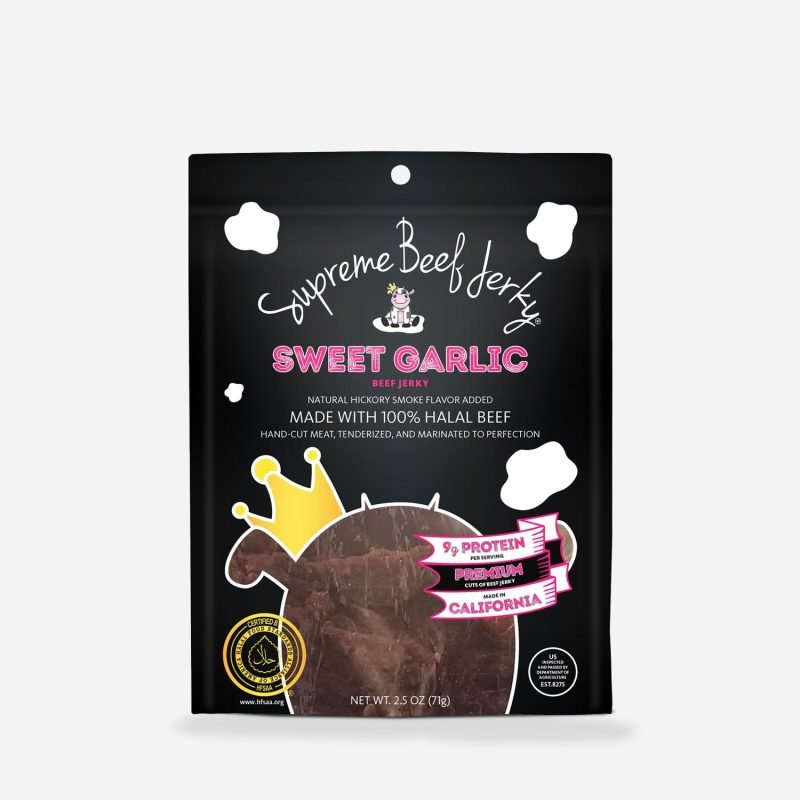 NEW HALAL BEEF JERKY, MARINATED BEEF JERKY, HANDCRAFTED GOURMET MEAT SNACKS, 2.5 OZ (SWEET GARLIC)